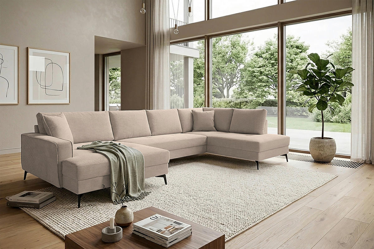 WOHNLANDSCHAFT ZERO Hellbraun Cord  - Hellbraun/Schwarz, Trend, Textil/Metall (173/362/195cm) - Livetastic