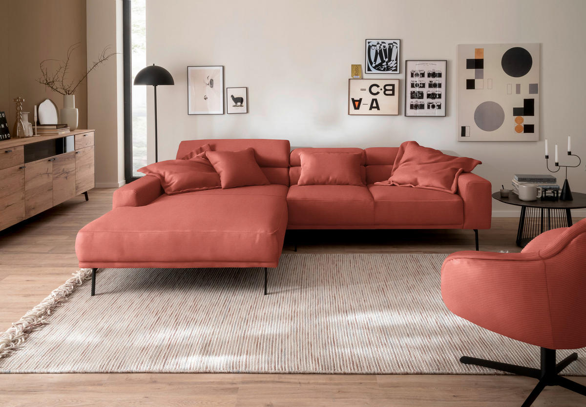 ECKSOFA  in Cord Koralle  215-217/293 cm  - Koralle/Schwarz, Design, Textil/Metall (215-217/293cm) - Schöner Wohnen