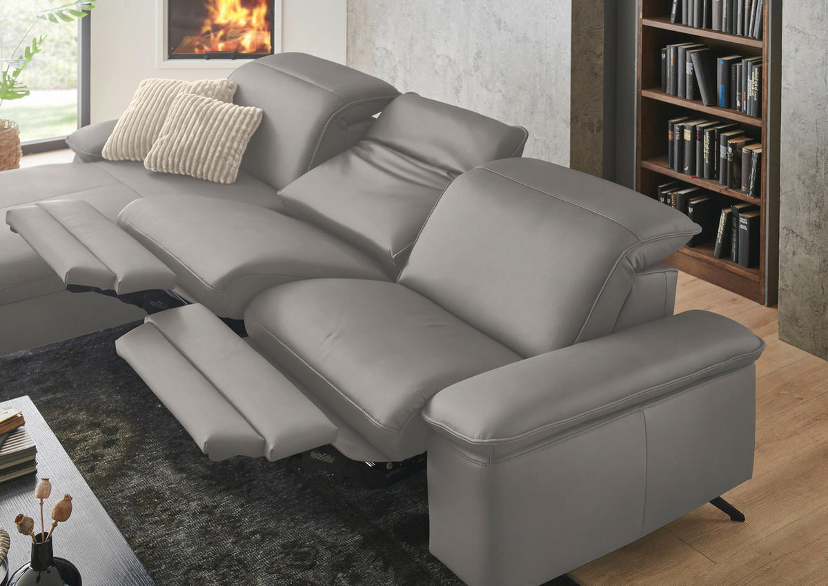 ECKSOFA  Echtleder Hellgrau  - Hellgrau/Schwarz, Design, Leder/Metall (169/307cm) - Beldomo Premium