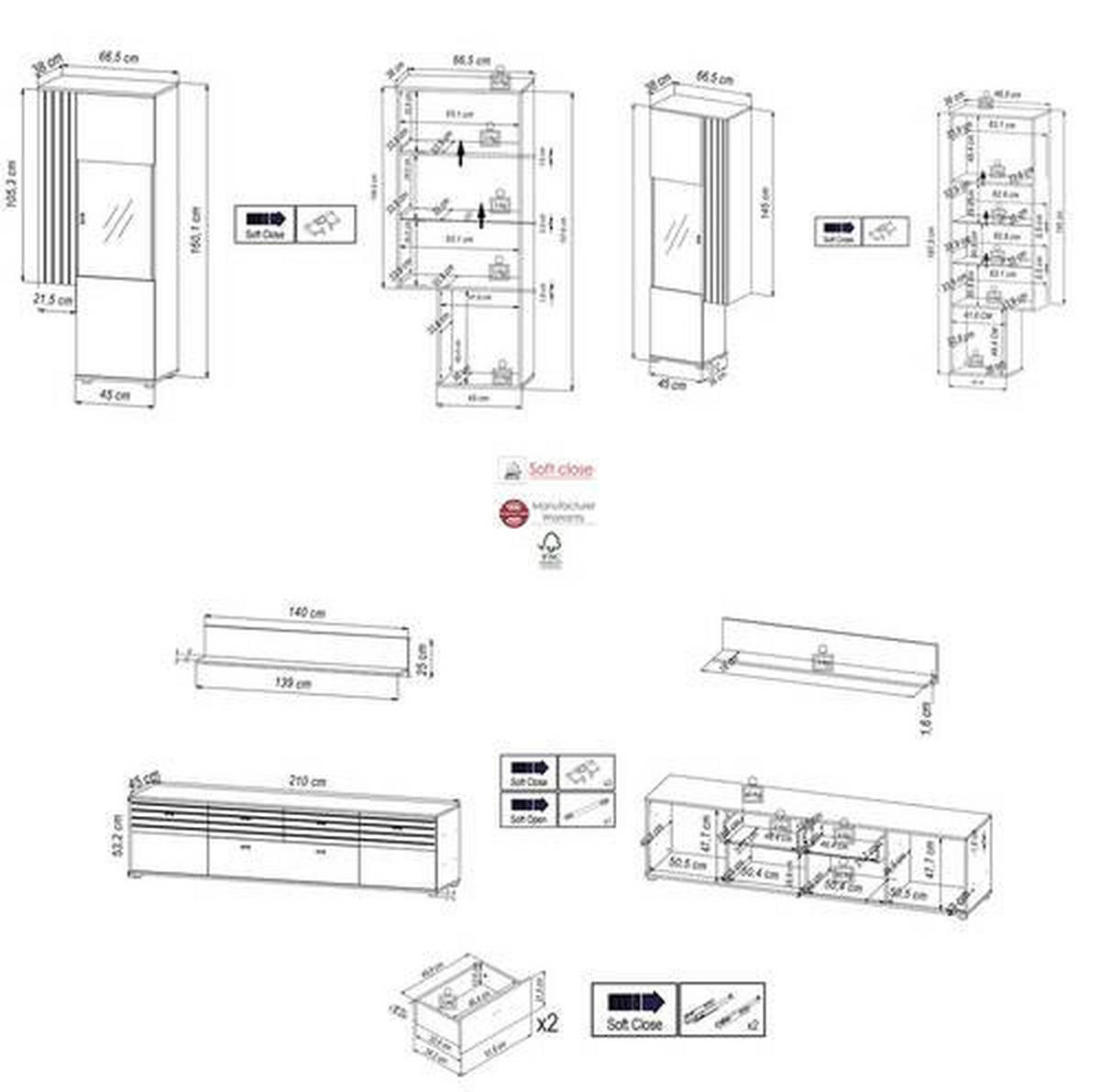WOHNWAND  in Schwarz, Eiche Artisan  300/199,8/45 cm  - Schwarz/Eiche Artisan, KONVENTIONELL, Glas/Holzwerkstoff (300/199,8/45cm) - Carryhome