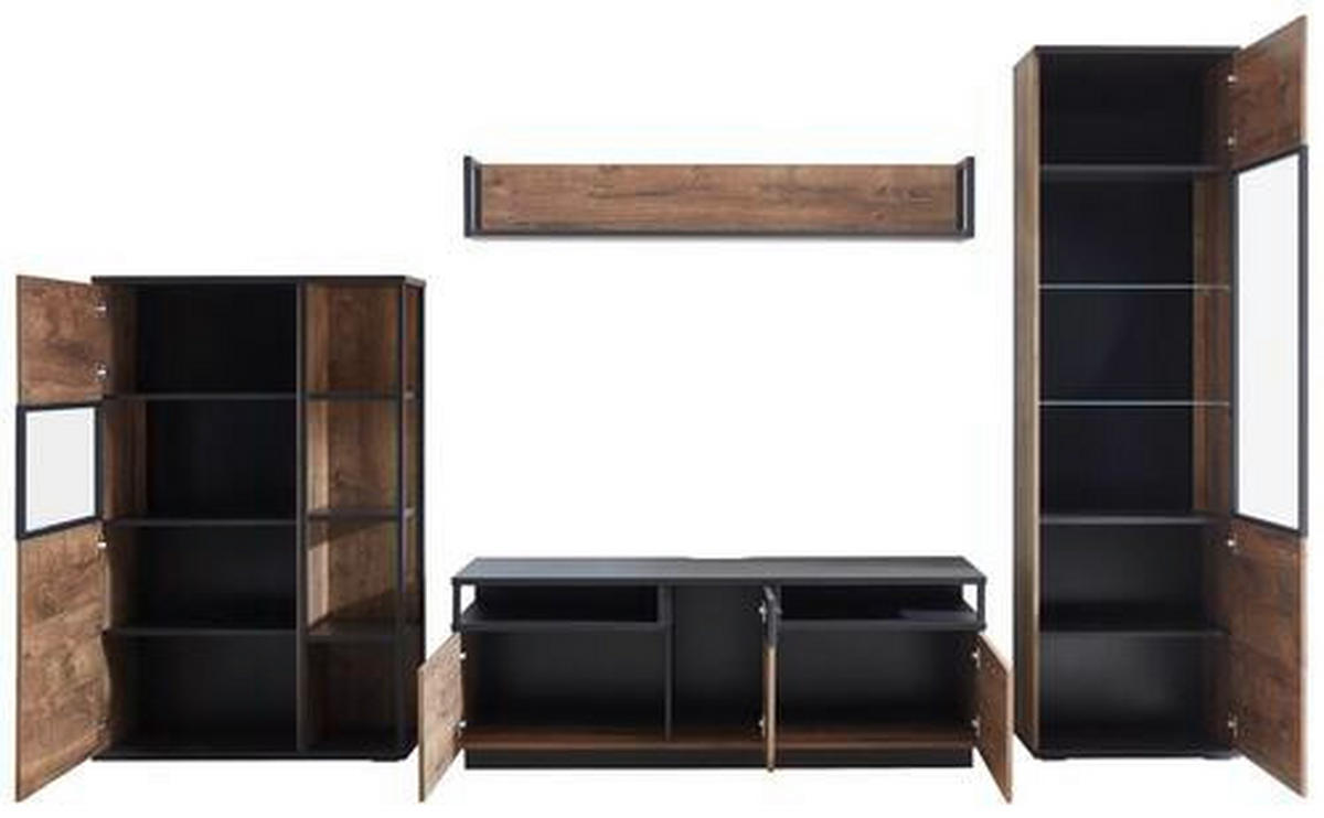 WOHNWAND  in Grau, Eichefarben  319,5/206,2/50 cm  - Eichefarben/Schwarz, KONVENTIONELL, Glas/Holzwerkstoff (319,5/206,2/50cm) - Cantus