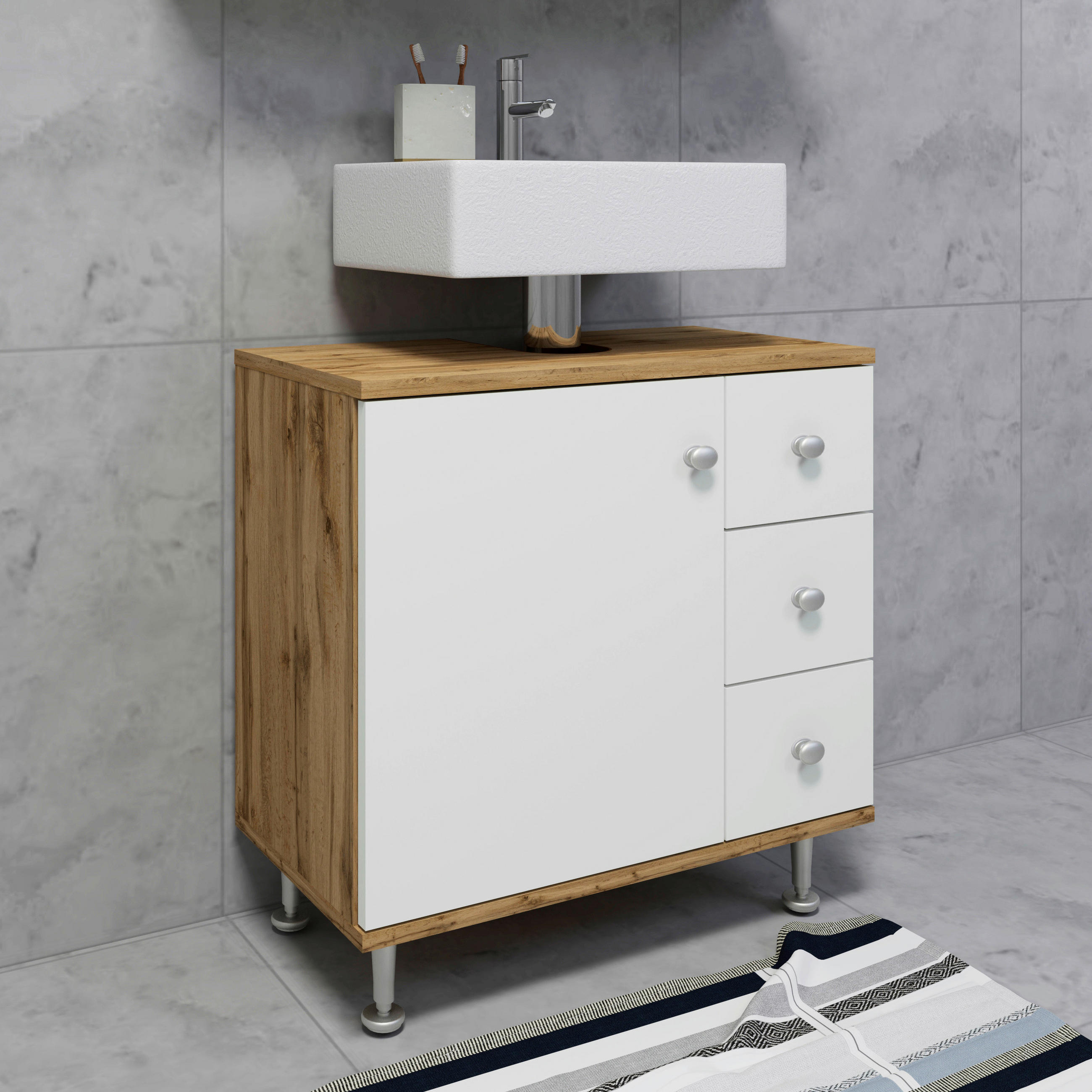 WASCHBECKENUNTERSCHRANK 60/61/33 cm  - Honigeiche/Silberfarben, MODERN, Holzwerkstoff/Kunststoff (60/61/33cm) - MID.YOU