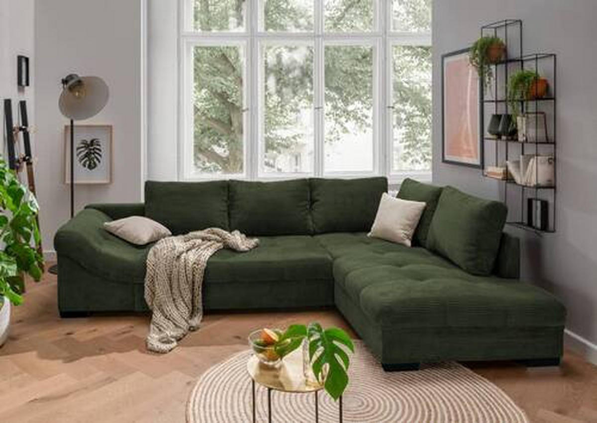 ECKSOFA Dunkelgrün Cord  - Dunkelgrün/Beige, Design, Holz/Textil (298/202cm) - MID.YOU