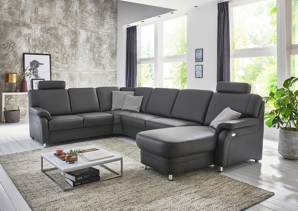 WOHNLANDSCHAFT in Echtleder Anthrazit  - Anthrazit/Alufarben, Konventionell, Leder/Metall (239/329/165cm) - Beldomo Premium