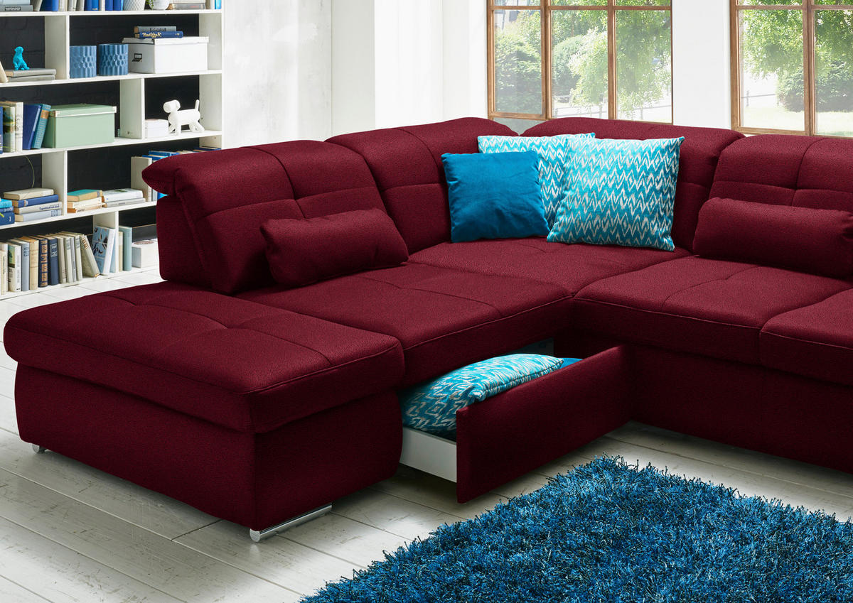 WOHNLANDSCHAFT  in Mikrofaser Weinrot  - Chromfarben/Weinrot, Design, Holzwerkstoff/Textil (260/371/195cm) - Beldomo Style