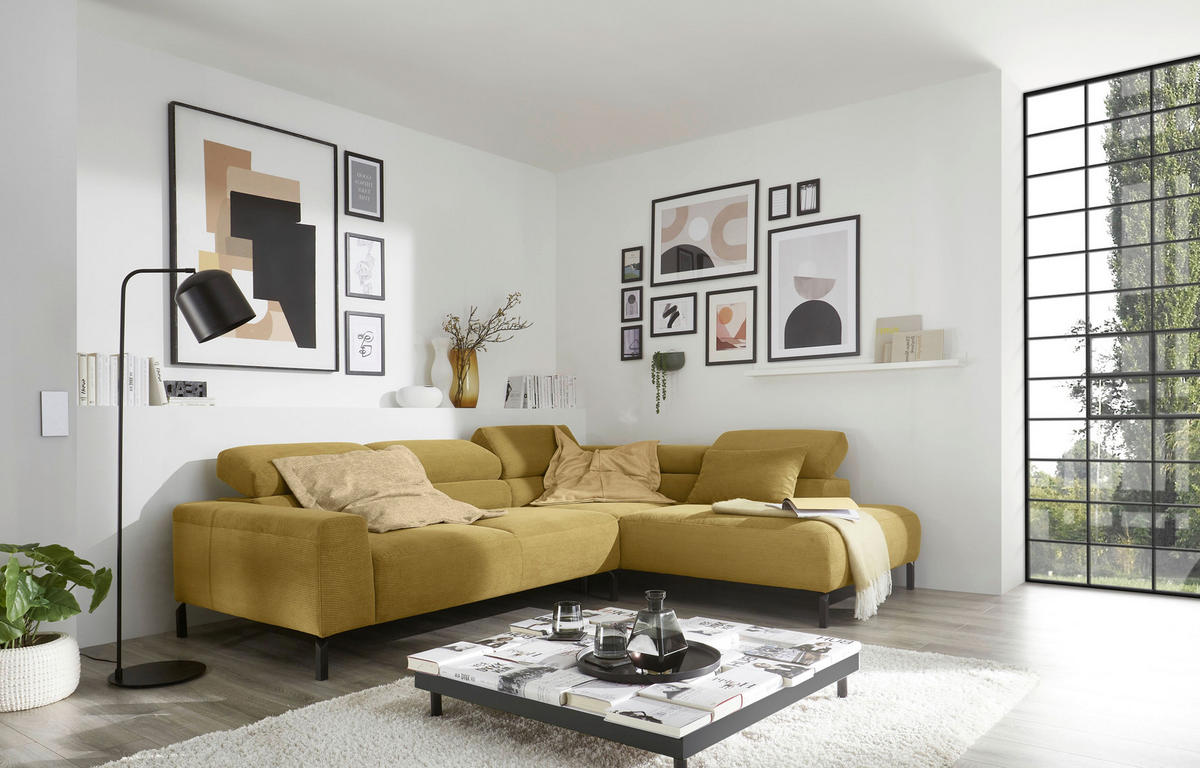 ECKSOFA in Feincord Gelb  - Gelb/Schwarz, Design, Textil/Metall (273/219cm) - Pure Home Comfort
