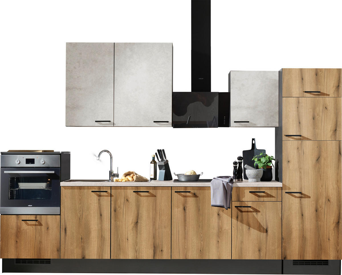 KÜCHENLEERBLOCK 340 cm   in Grau, Weiß, Eichefarben  - Eichefarben/Schwarz, Design, Holzwerkstoff/Metall (340cm) - Xora