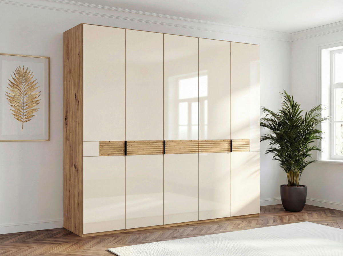 DREHTÜRENSCHRANK 250/216/58 cm,  in Champagner, Eiche Bianco, 5 Tür(en)  - Schieferfarben/Eiche Bianco, Design, Glas/Holz (250/216/58cm) - Musterring
