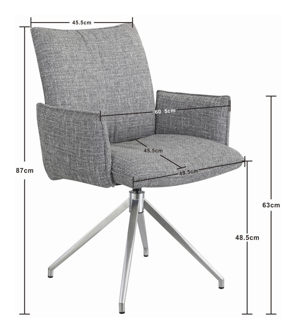 ARMLEHNSTUHL  Sitzfläche 360° drehbar, automatische Rückholfunktion Webstoff  Grau, Edelstahlfarben  - Edelstahlfarben/Grau, Design, Textil/Metall (60,5/87/61,5cm) - Novel