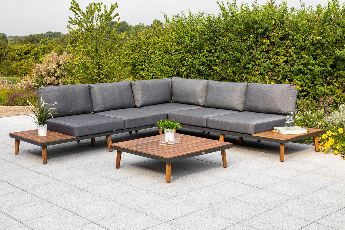 LOUNGEGARNITUR Akazie Hartholz Aluminium  - Graphitfarben/Braun, KONVENTIONELL, Holz/Textil (287,5/28/287,5cm) - Gardenson