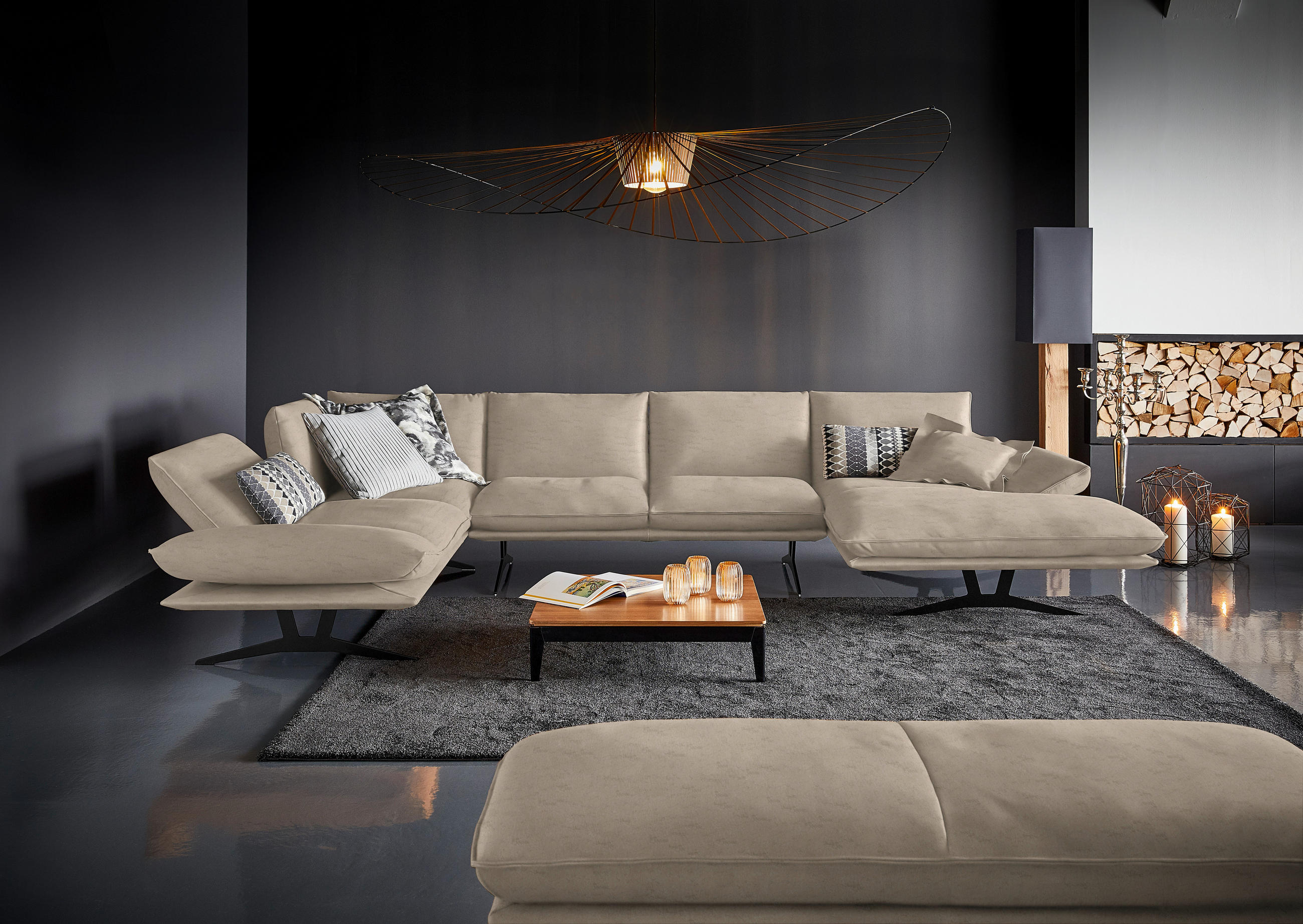 WOHNLANDSCHAFT in Echtleder Sandfarben  - Sandfarben/Schwarz, Natur, Leder/Metall (217/359/155cm) - Dieter Knoll