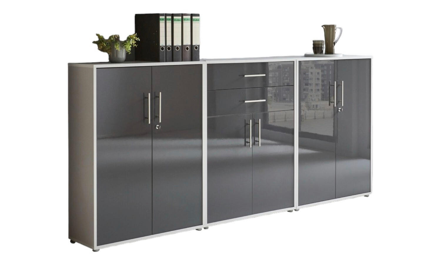 AKTENSCHRANK Grau, Anthrazit Hochglanz  - Anthrazit Hochglanz/Grau, MODERN, Holzwerkstoff (253,2/113,6/33cm) - MID.YOU
