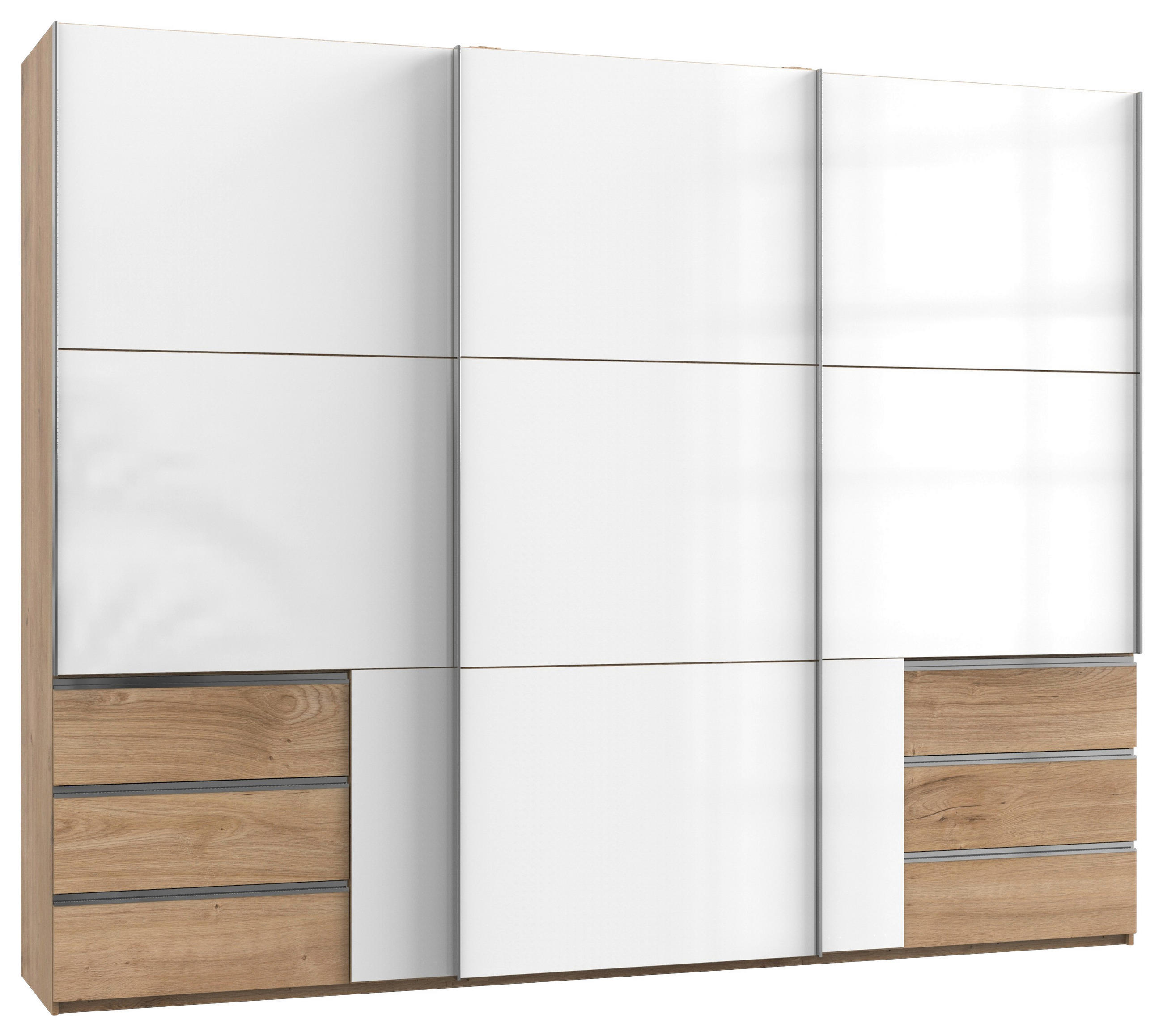SCHWEBETÜRENSCHRANK 300/236/65 cm 3-türig Eichefarben, Weiß  - Chromfarben/Eichefarben, MODERN, Holzwerkstoff (300/236/65cm) - MID.YOU