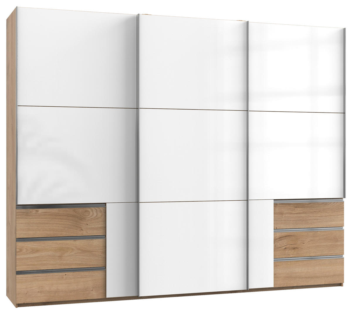 SCHWEBETÜRENSCHRANK 300/236/65 cm 3-türig Weiß, Eichefarben  - Chromfarben/Eichefarben, MODERN, Holzwerkstoff (300/236/65cm) - MID.YOU