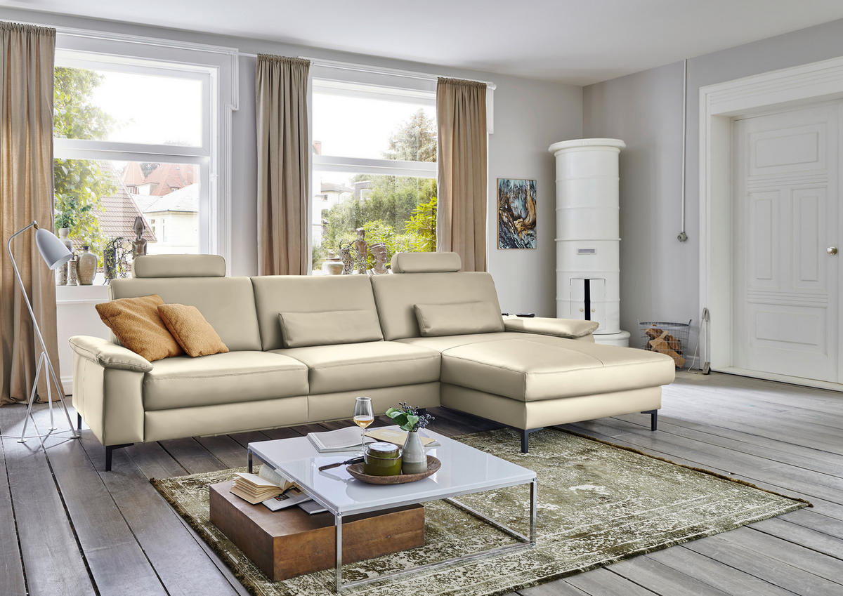 ECKSOFA in Echtleder Creme, Naturfarben  - Creme/Schwarz, Design, Leder/Metall (334/176cm) - Dieter Knoll