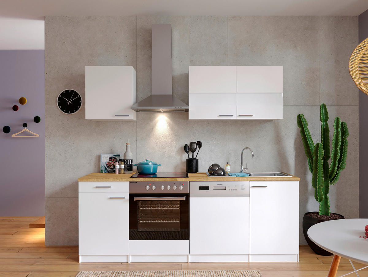 KÜCHENBLOCK 220 cm   in Weiss  - Weiss/Edelstahlfarben, Basics, Holzwerkstoff/Metall (220cm) - Respekta