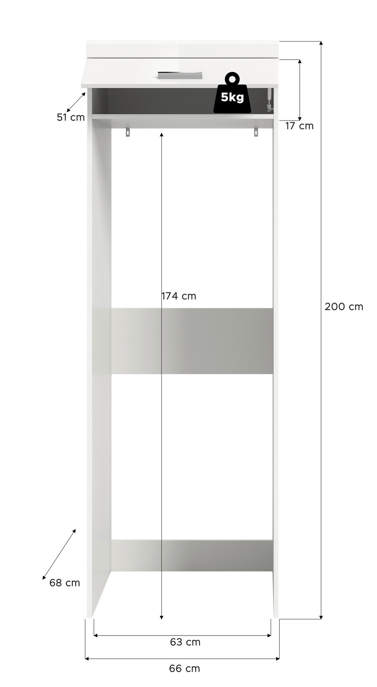 SKÅP FÖR TVÄTTMASKIN SCOUT 66/200/68 cm  - vit/vit högglans, Trend, trämaterial/plast (66/200/68cm) - MID.YOU