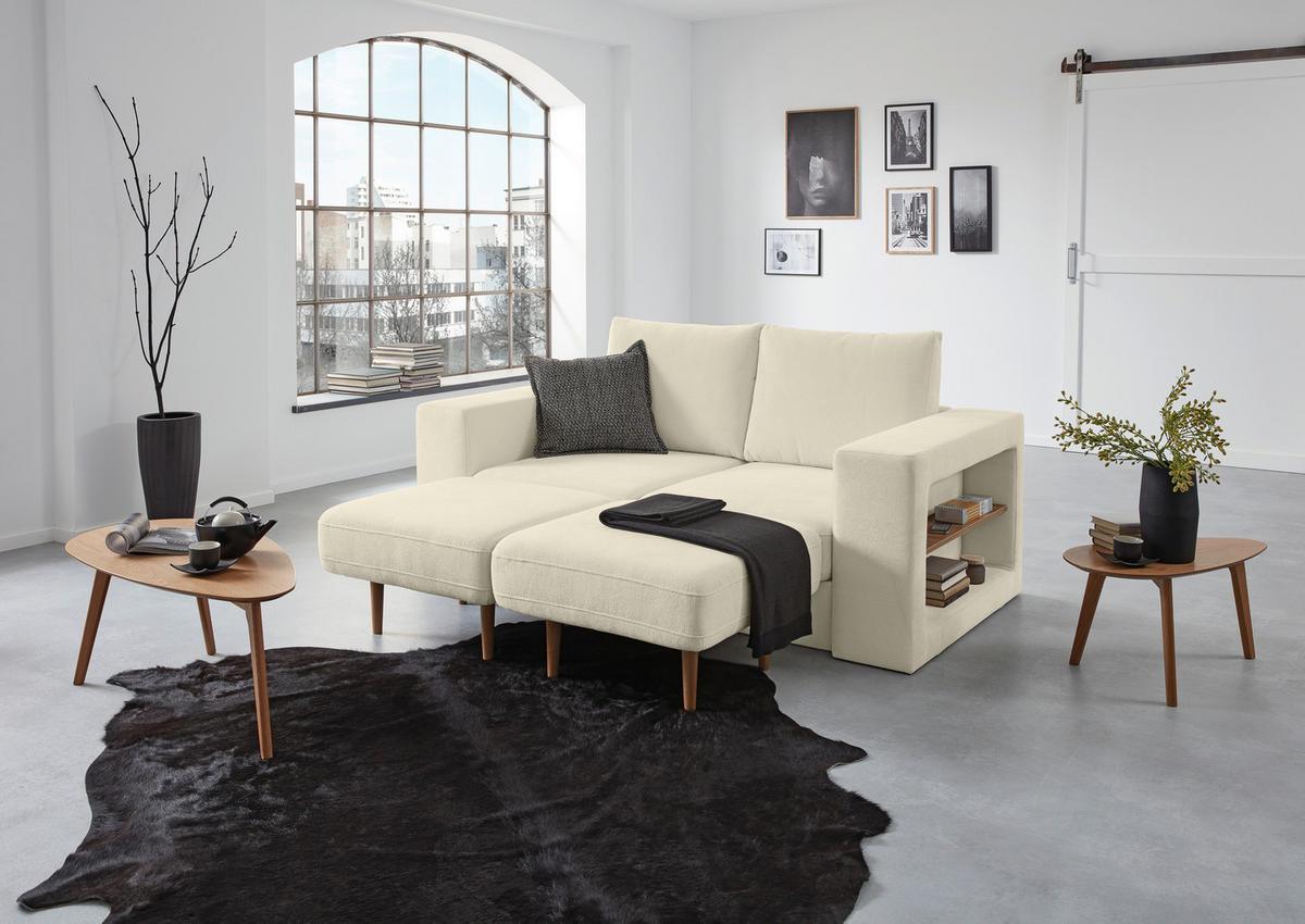 ZWEISITZER-SOFA inkl. Hocker in Webstoff Creme  - Eichefarben/Creme, Design, Holz/Textil (172/96/107cm) - LOOKS by W.Joop