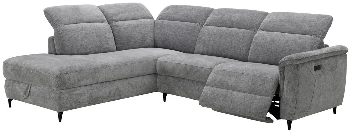 ECKSOFA Grau Chenille Relaxfunktion, Kopfteilverstellung, Stauraum  - Schwarz/Grau, Design, Textil/Metall (220/266cm) - Xora
