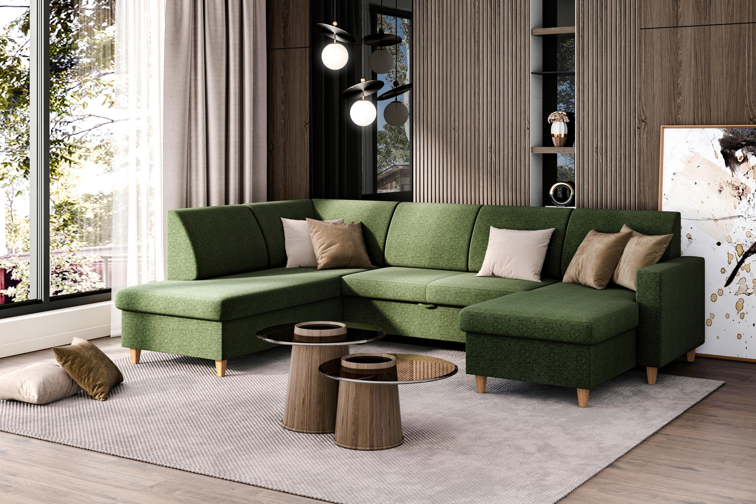 WOHNLANDSCHAFT NIKAS Grün Bouclé  - Buchefarben/Grün, Design, Holz/Textil (310/198/145cm) - MID.YOU