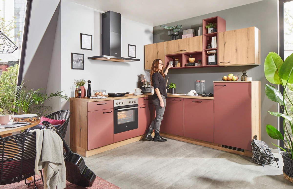 ECKKÜCHE 225/245 cm  in Rot, Eichefarben  - Eichefarben/Rot, KONVENTIONELL, Holzwerkstoff/Metall (225/245cm) - Welnova