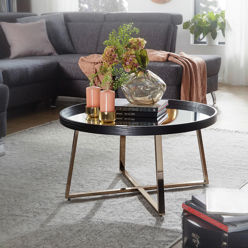 Thumbnail - Mid.you Couchtisch, Schwarz, Gold, Glas, rund, X-Form, 78x42.5x78 cm, einfacher Aufbau, Wohnzimmer, Wohnzimmertische, Co...