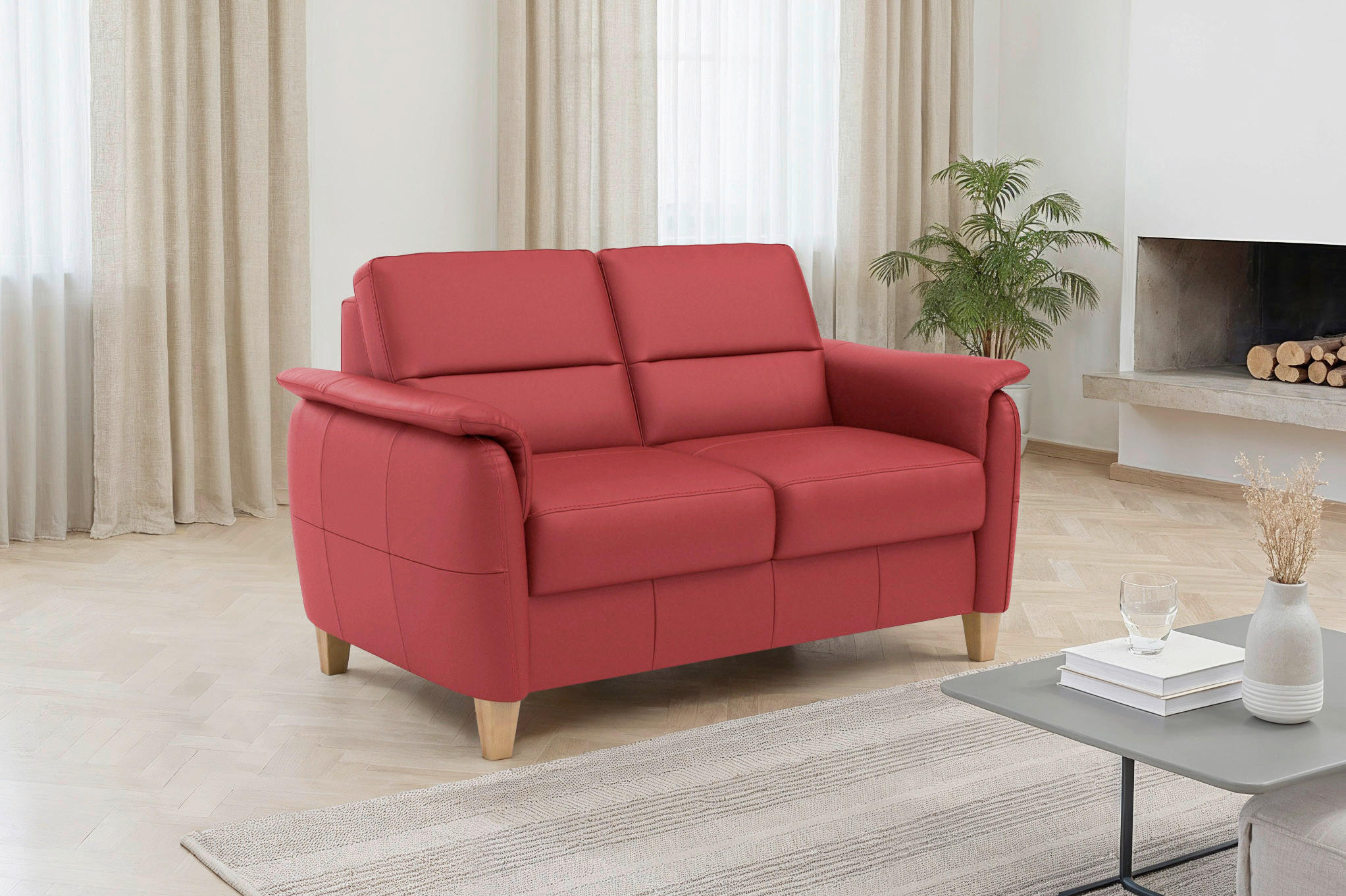 DVOUMÍSTNÁ POHOVKA, červená, pravá kůže - barvy dubu/červená, Basics, dřevo/textil (149/89/89cm) - Sit & More