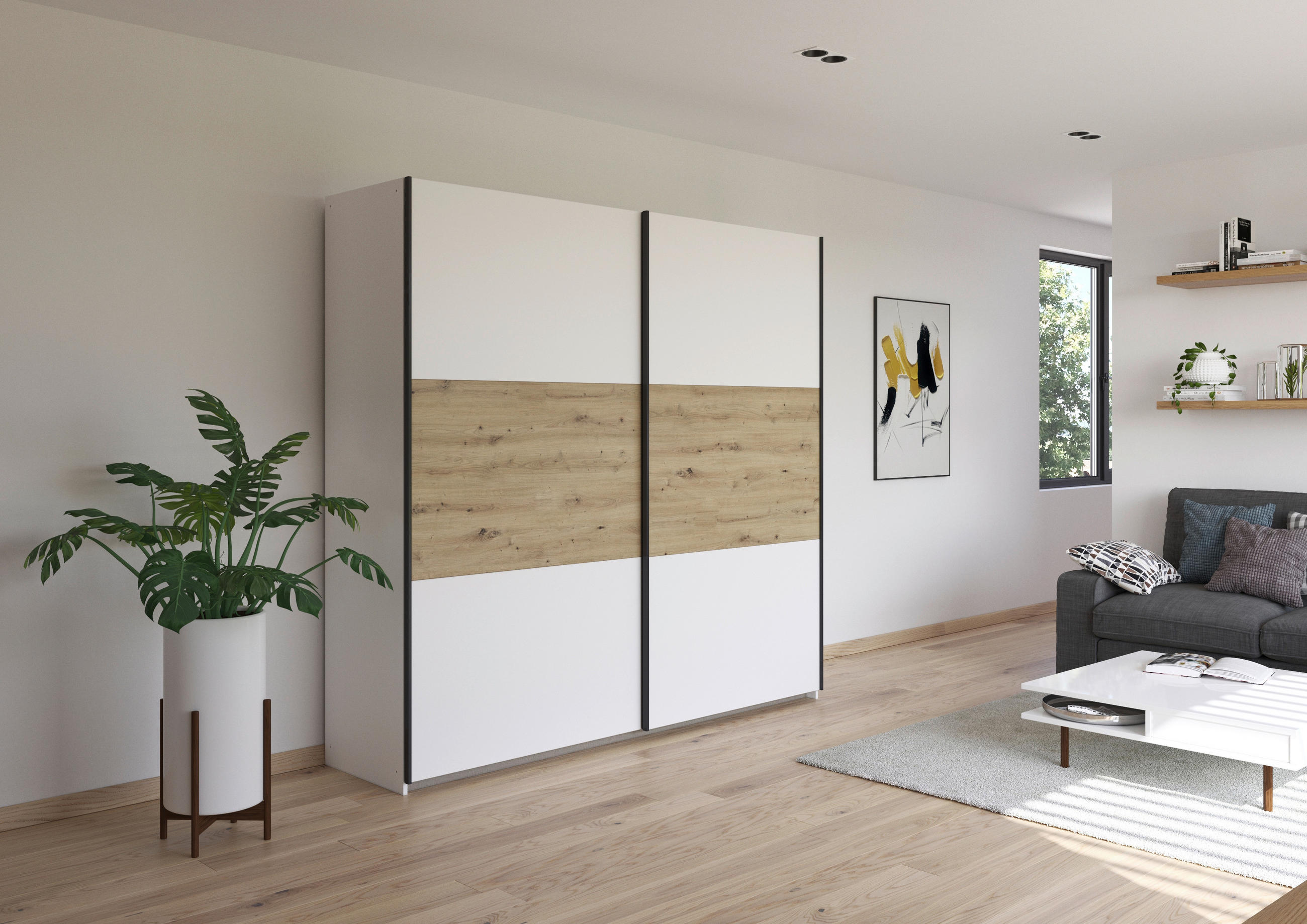 SCHWEBETÜRENSCHRANK in Weiss, Eiche Artisan  - Weiss/Eiche Artisan, Modern, Holzwerkstoff/Metall (218/210/59cm) - Rauch Möbel