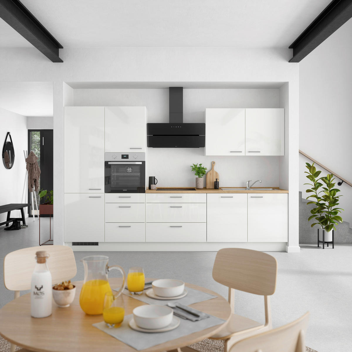 KÜCHENLEERBLOCK 330 cm   in Eichefarben, Weiß Hochglanz  - Edelstahlfarben/Eichefarben, MODERN, Holzwerkstoff/Metall (330cm) - Nobilia