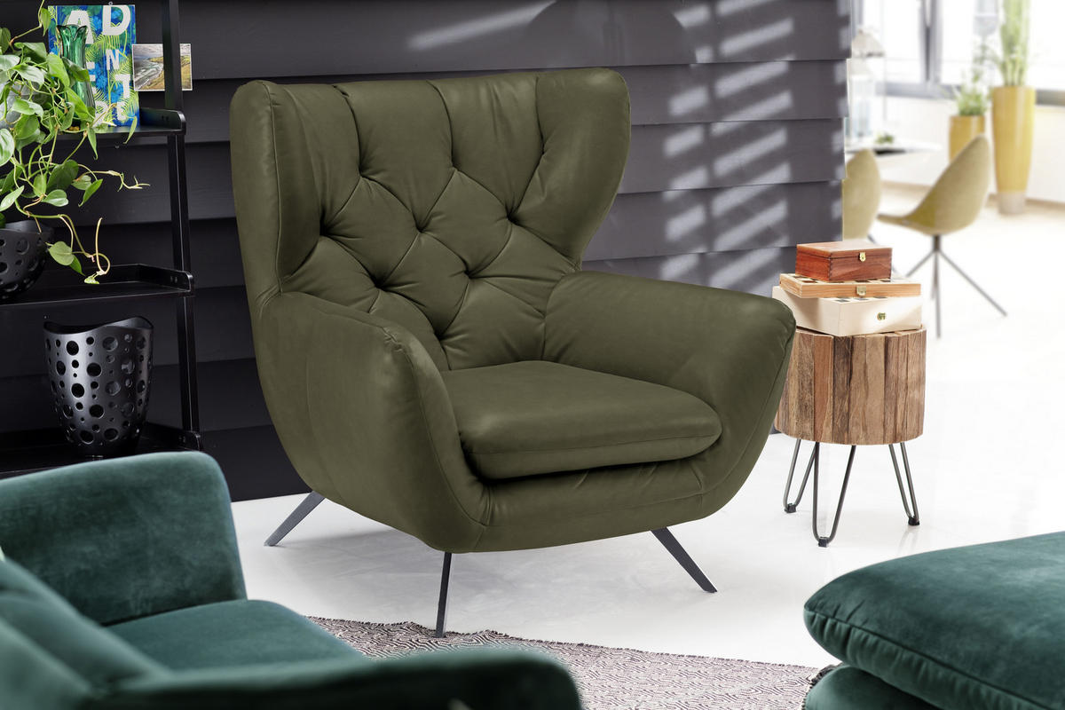 CHESTERFIELD-SESSEL in Mikrofaser Olivgrün  - Schwarz/Olivgrün, Design, Textil/Metall (100/106/95cm) - Pure Home Lifestyle