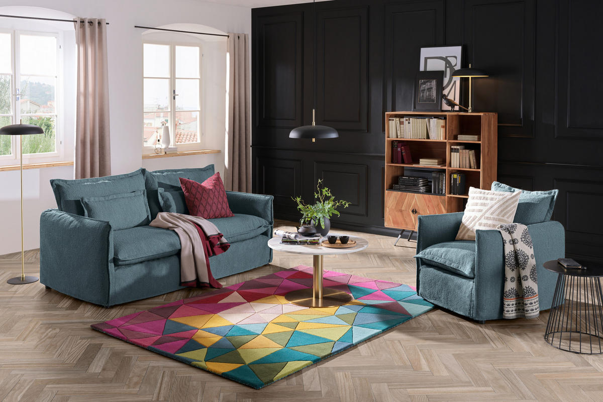 HUSSEN-SOFA in Flachgewebe, Bouclé Blau  - Blau, Trend, Textil/Metall (195/82/98cm) - Livetastic