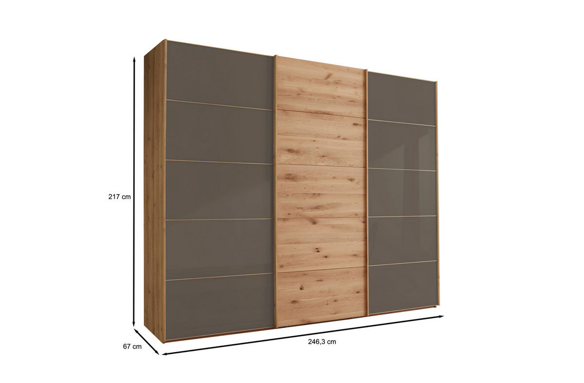 SCHWEBETÜRENSCHRANK 250/217/67 cm 3-türig Dunkelbraun, Eiche Bianco  - Eiche Bianco/Dunkelbraun, Natur, Glas/Holz (250/217/67cm) - Linea Natura
