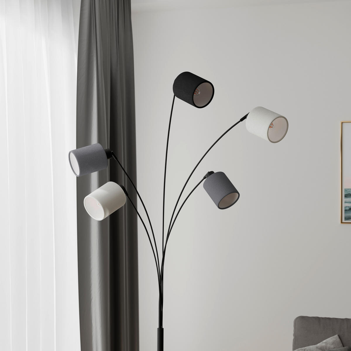 STOJACÍ LAMPA, 90/200 cm  - šedá/černá, Design, kov/textil (90/200cm) - Novel