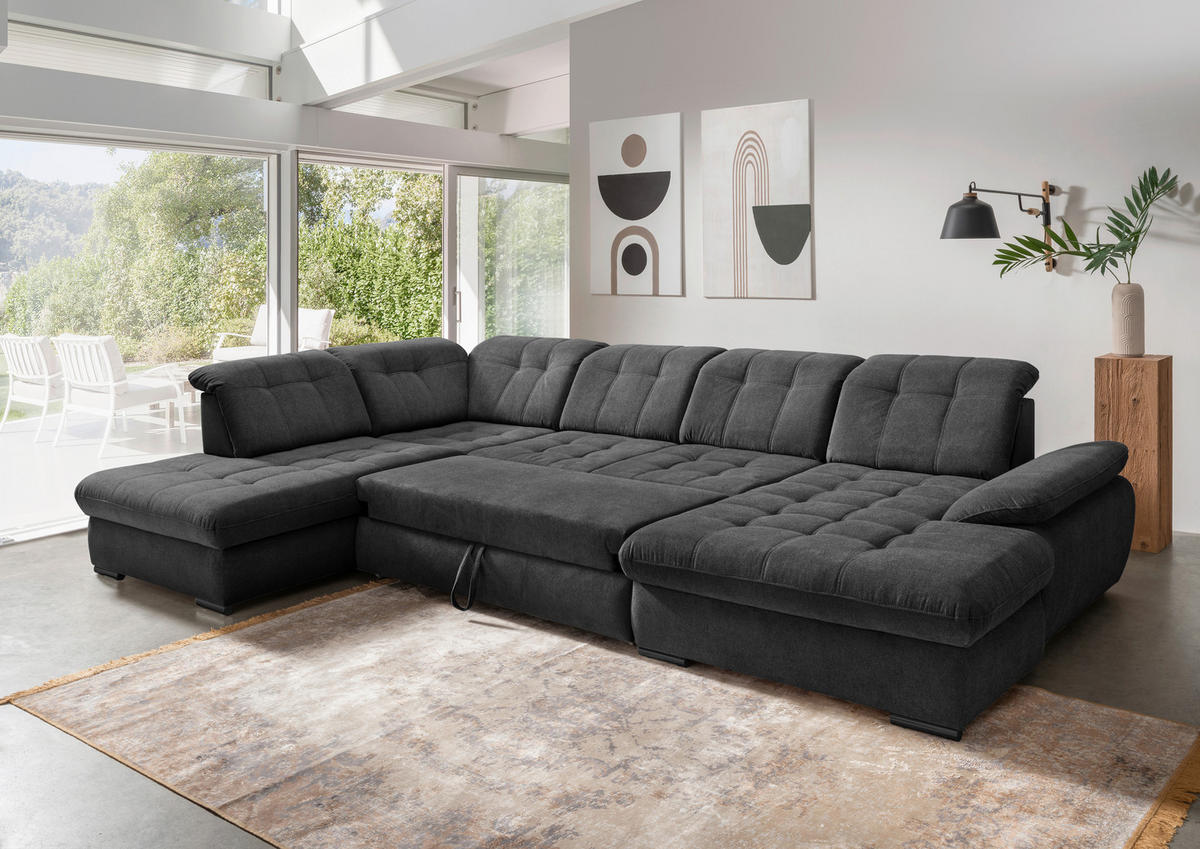 WOHNLANDSCHAFT Anthrazit Chenille  - Anthrazit/Schwarz, MODERN, Textil/Metall (252/387/184cm) - Livetastic
