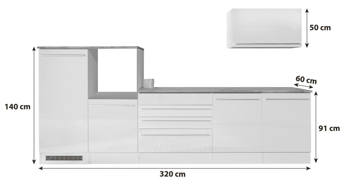 KUHINJSKI BLOK BEZ UREĐAJA  bijela, bijela visoki sjaj  - bijela/bijela visoki sjaj, Basics, drvni materijal/metal (320cm) - Respekta