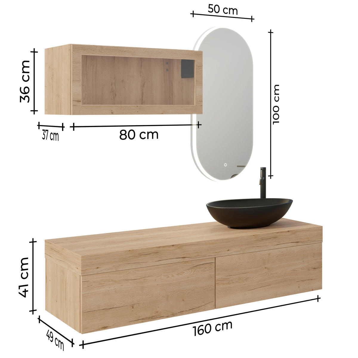 BADEZIMMER 6-teilig  in 160 cm  - Eichefarben/Schwarz, MODERN, Glas/Keramik (160cm) - Celina Home