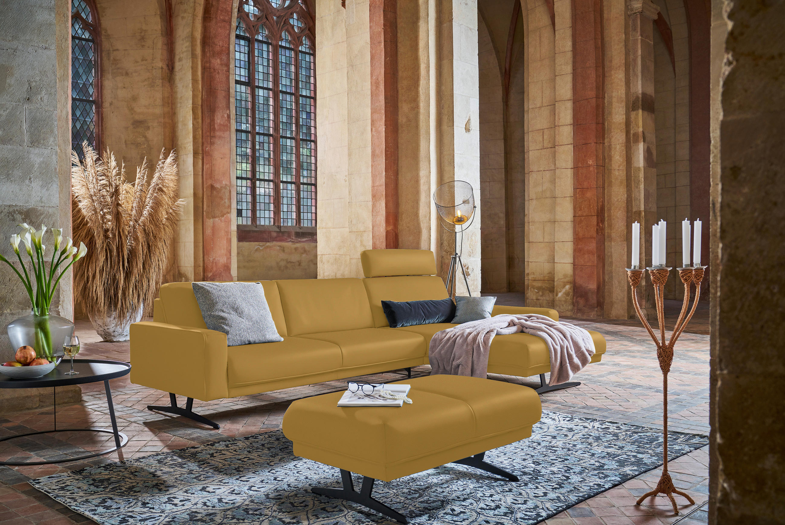 ECKSOFA in Echtleder Senfgelb  - Anthrazit/Senfgelb, Konventionell, Leder/Metall (324/179cm) - Johann Jakob