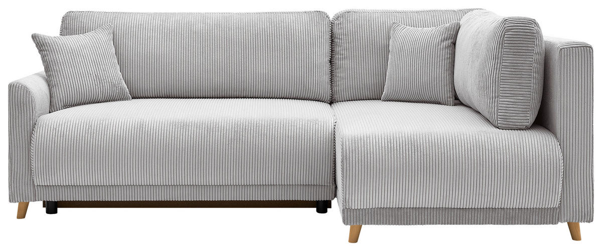 ECKSOFA MILOS Hellgrau Cord Rückenkissen, Bettkasten, Schlaffunktion, Rücken echt  - Hellgrau/Naturfarben, Design, Textil (224/148cm) - P & B