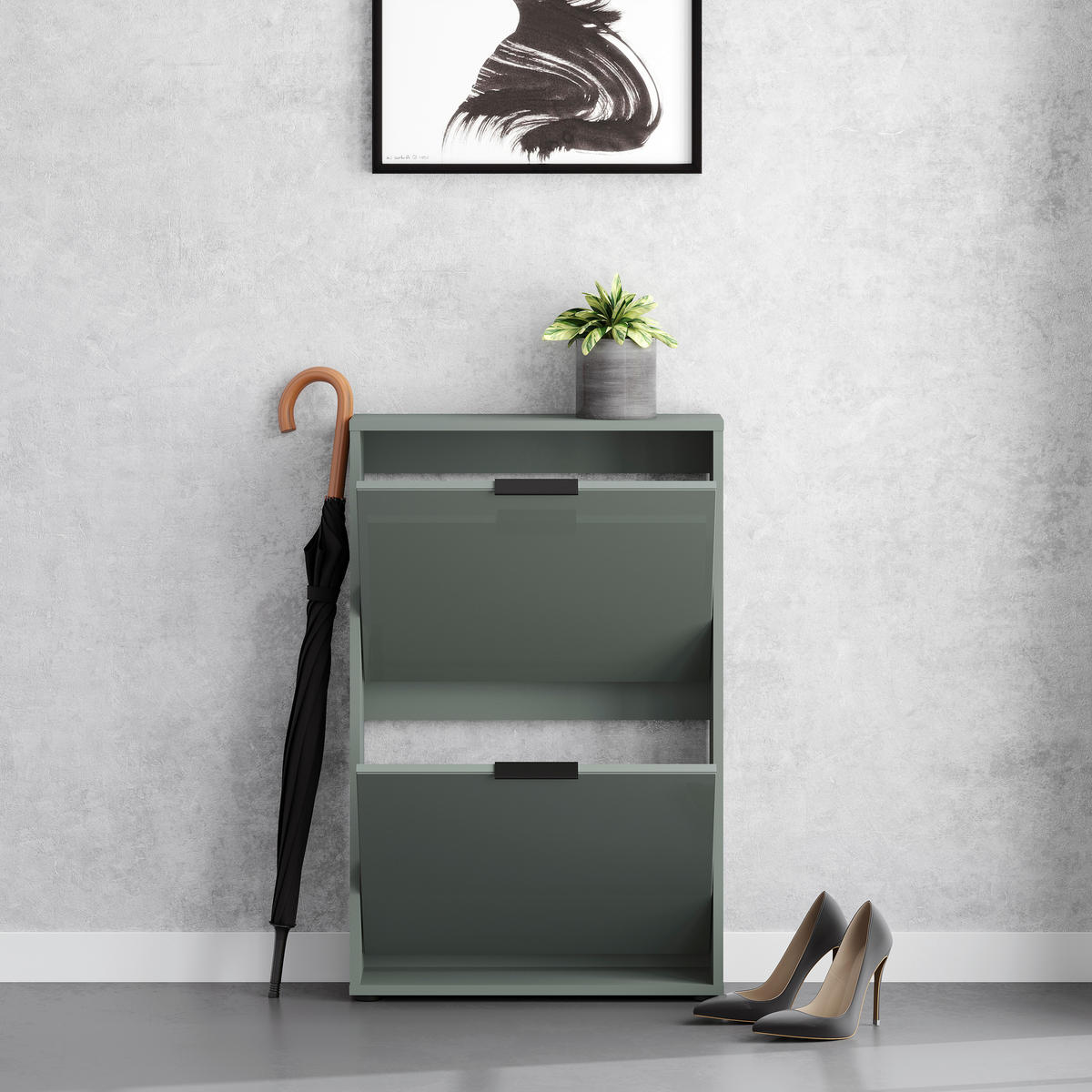 SCHUHKIPPER - Salbeigrün/Schwarz, MODERN, Glas/Holzwerkstoff (60/93/17cm) - Boxxx