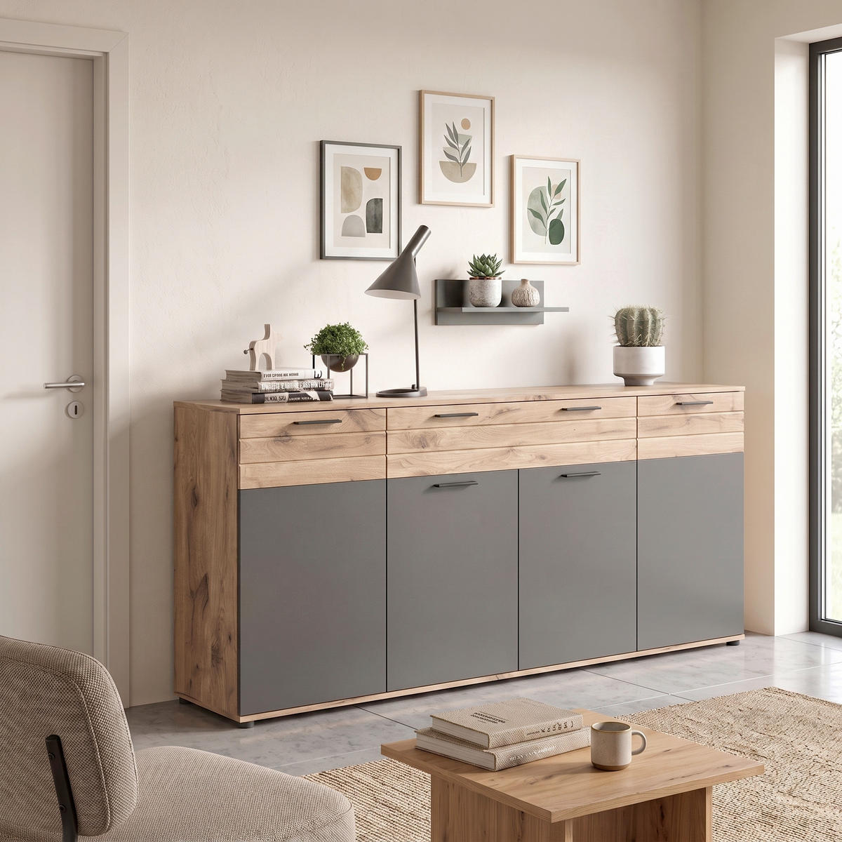 SIDEBOARD  200/91/40 cm 2 Schublade(n)  - Schwarz/Grau, KONVENTIONELL, Holzwerkstoff/Kunststoff (200/91/40cm) - MID.YOU