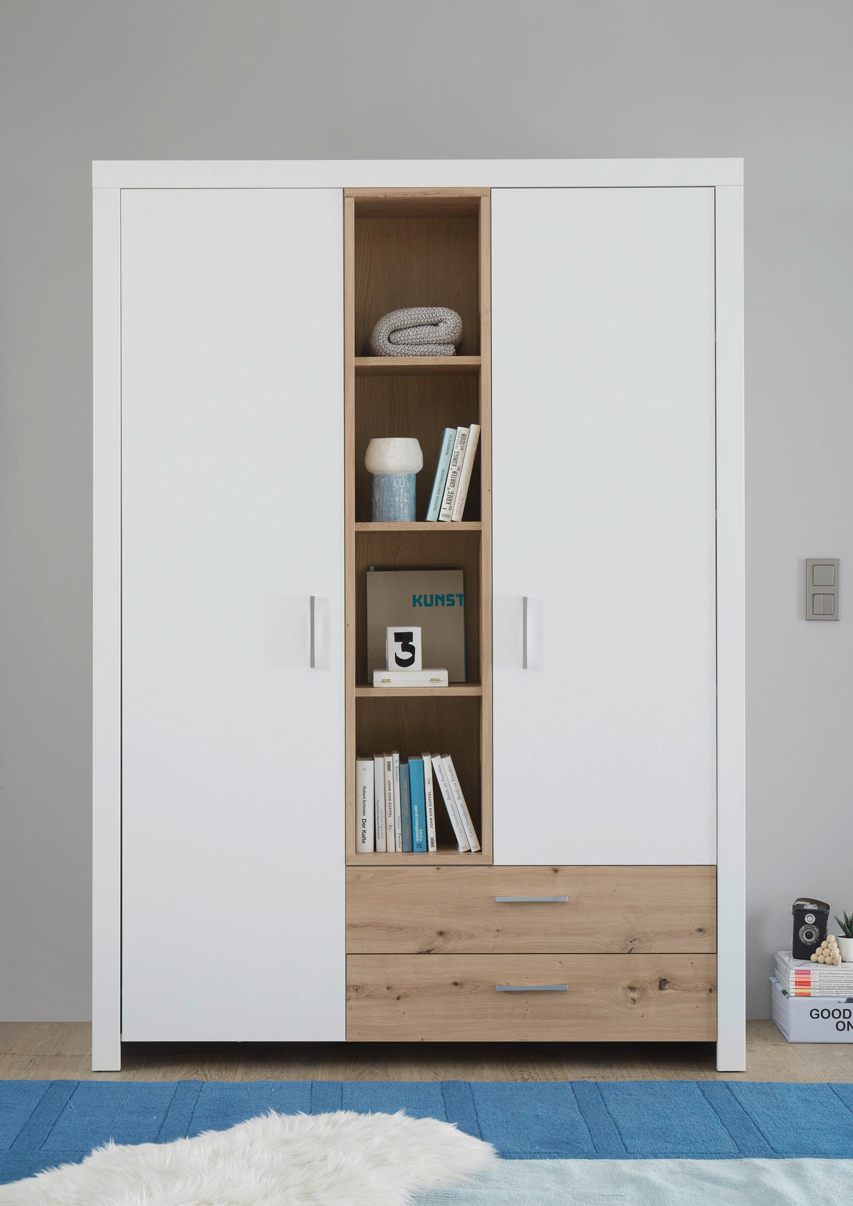 SKRIŇA S OTOČNÝMI DVERAMI, biela, dub artisan, 143/200/55 cm - biela/strieborná, Design, kov/kompozitné drevo (143/200/55cm) - Xora