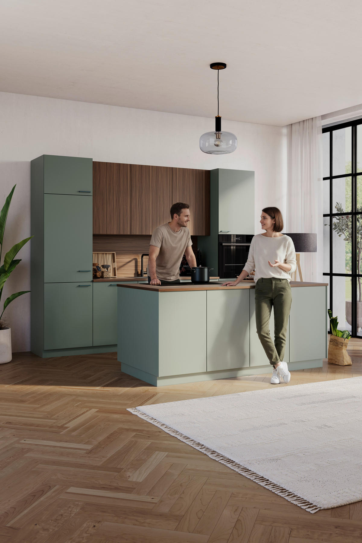 EINBAUKÜCHE   - Eiche Bianco/Grün, Design, Holzwerkstoff - Novel