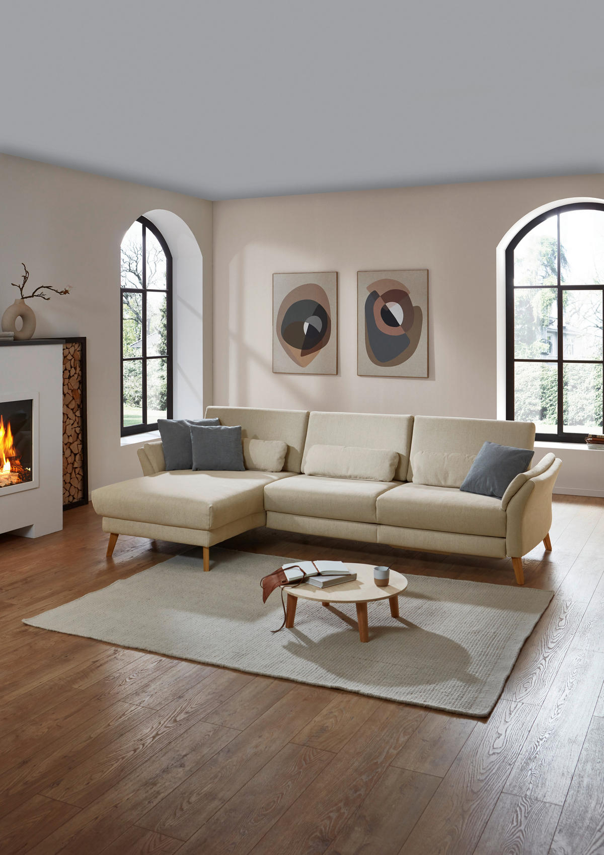 ECKSOFA Beige Chenille, Flachgewebe  - Beige/Naturfarben, Design, Holz/Textil (281/157cm) - Valnatura