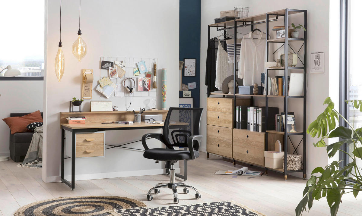 SCHREIBTISCH 140/60/84 cm  in Naturfarben, Schwarz  - Schwarz/Naturfarben, Design, Holzwerkstoff/Metall (140/60/84cm) - Livetastic