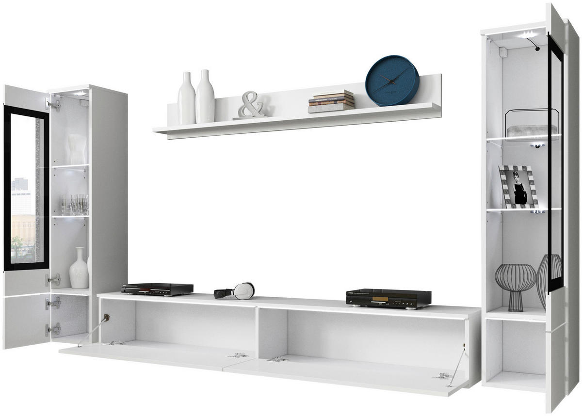 WOHNWAND Vera 4-teilig  in Weiß Hochglanz  240/130/33 cm  - Weiß Hochglanz/Weiß, LIFESTYLE, Glas/Holzwerkstoff (240/130/33cm) - P & B