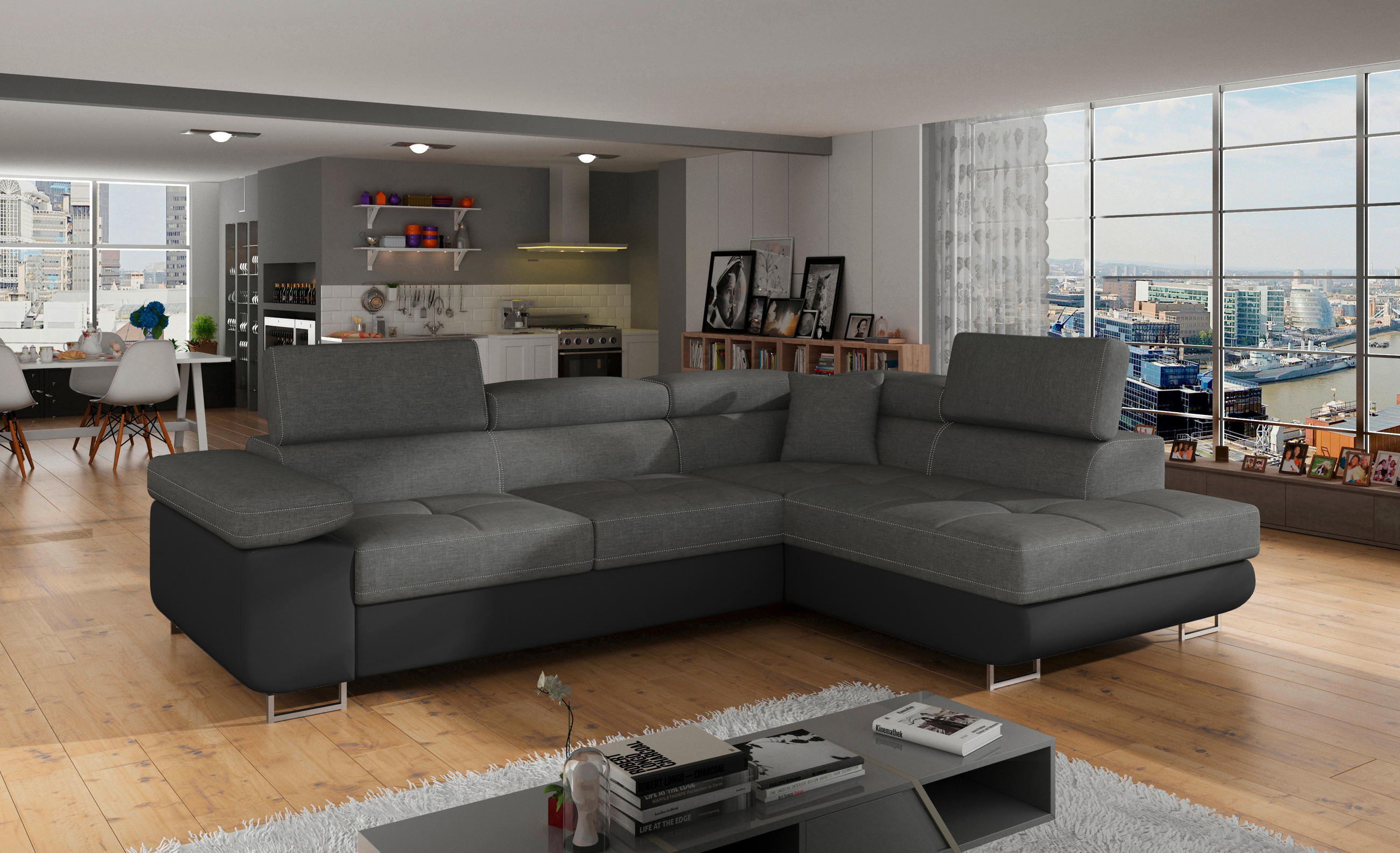 ECKSOFA Grau, Schwarz Textilgeflecht  - Chromfarben/Schwarz, Design, Textil/Metall (272/203cm) - MID.YOU
