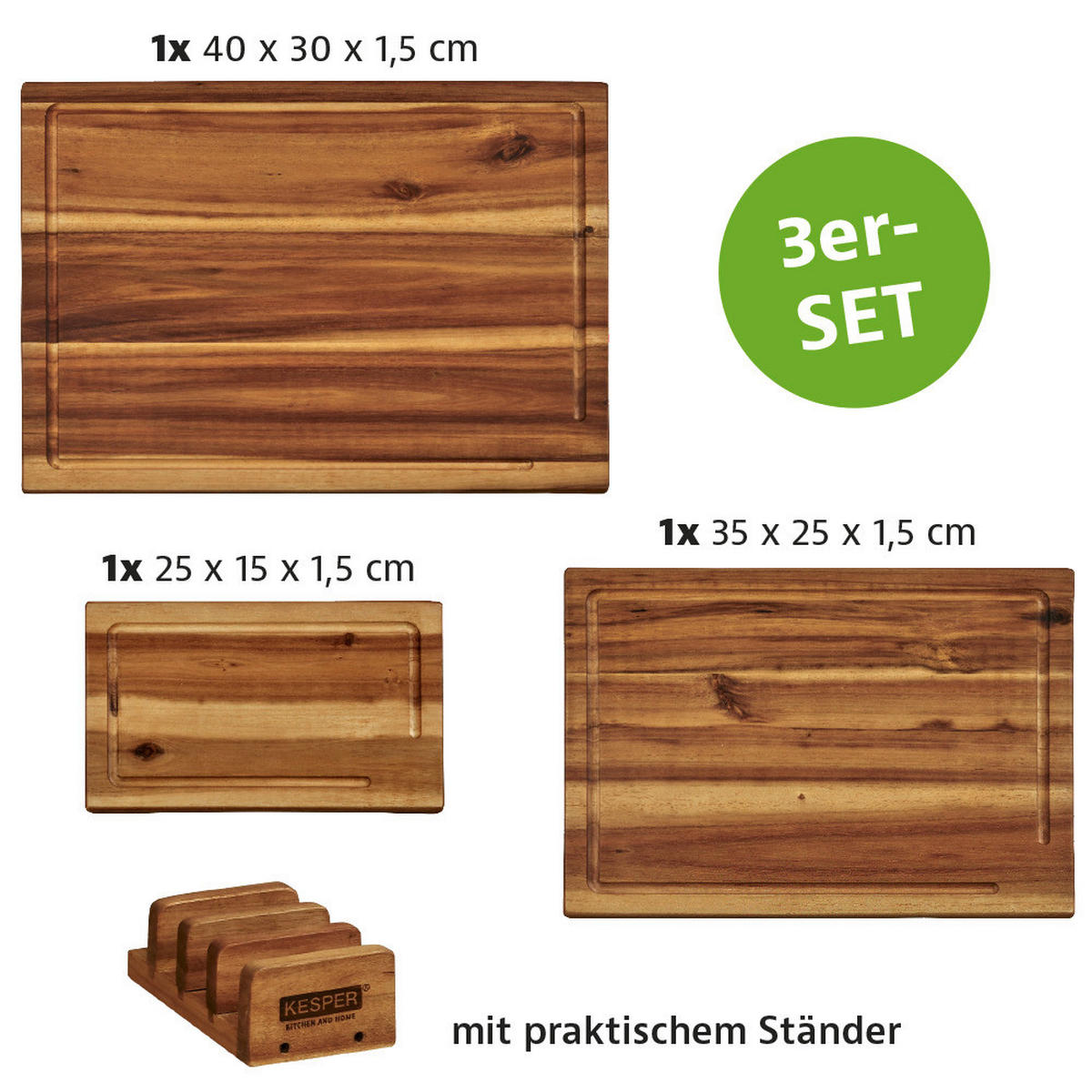 SCHNEIDEBRETT-SET Holz Akazie  - Braun, Basics, Holz (40/11,2/31,5cm) - Kesper