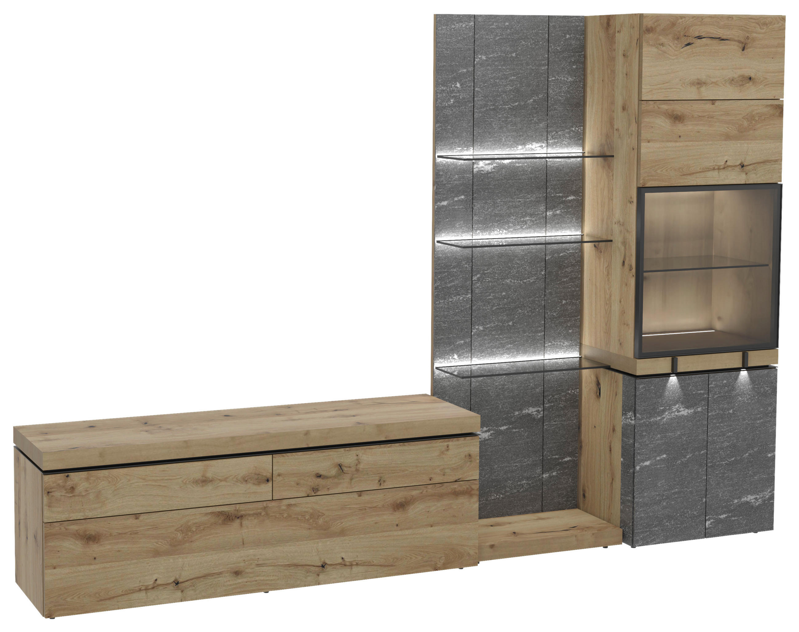 WOHNWAND  Grau, Alteiche 288,4/201,6/43,2 cm  - Alteiche/Grau, Design, Glas/Holz (288,4/201,6/43,2cm) - Voglauer
