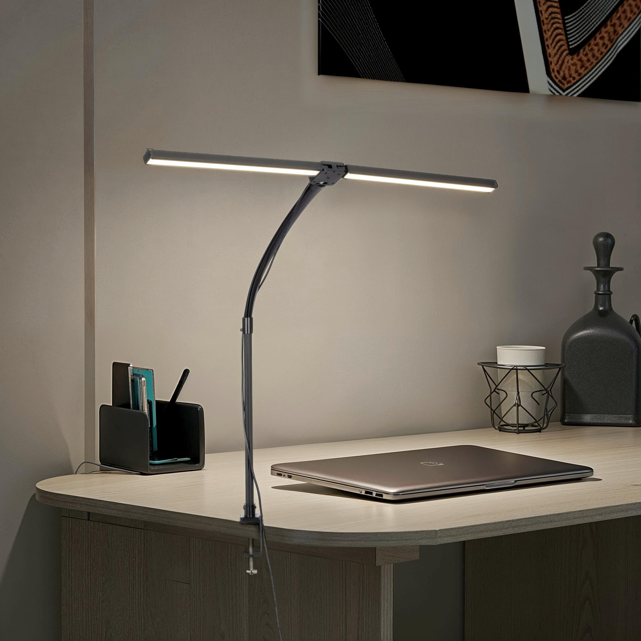 LED LAMPA SO ŠTIPCOM, diaľkový ovládač, dotykový stmievač, 80/35/71,5 cm - čierna, Basics, kov/plast (80/35/71,5cm) - Novel