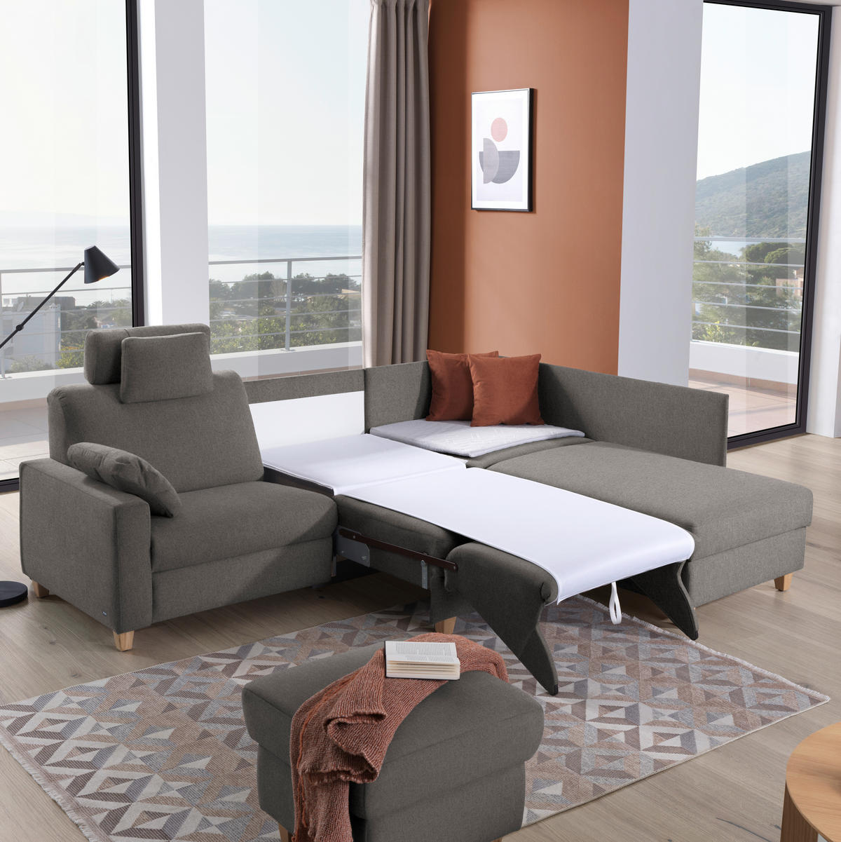 ECKSOFA in Flachgewebe Schlammfarben  261/203 cm  - Schlammfarben/Eichefarben, KONVENTIONELL, Holz/Textil (261/203cm) - Sedda